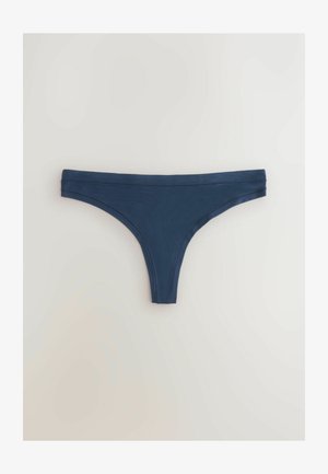 Granatowe stringi wykonane z miękkiej tkaniny. Posiadają bezszwowy design z szerokim pasem i minimalnym kryciem.