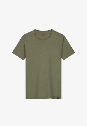 Olivgrünes T-Shirt aus leichtem Stoff mit rundem Halsausschnitt und kurzen Ärmeln; verfügt über ein kleines Logotag am unteren Saum.