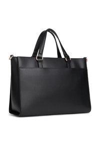 Black leather tote bag with a structured design, dual top handles, and gold-tone hardware accents. Smooth texture with minimal stitching.