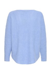 Pull tricoté bleu clair avec manches longues et encolure ronde, présenté de dos sur un fond blanc.