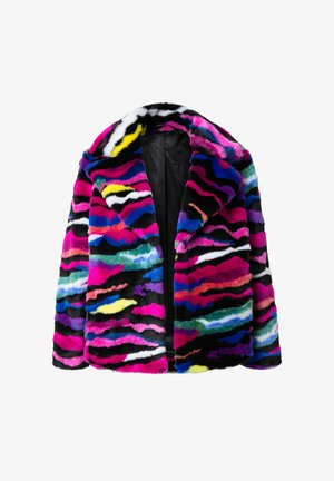 Abrigo de piel sintética colorido con un vibrante patrón de olas multicolores en rosa, azul, amarillo y negro, con diseño de solapa de muesca.