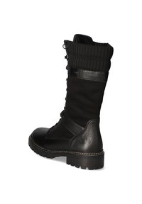 Bottes noires à cheville en cuir et textile, avec un empiècement côtelé, un système de laçage et des semelles texturées pour une meilleure adhérence.