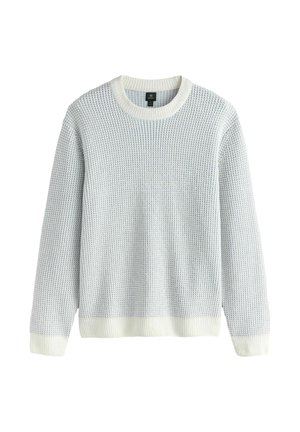 Jasnoniebieski sweter z dzianiny o teksturowanym wzorze, okrągłym dekolcie oraz kremowymi ściągaczami przy rękawach i dolnej krawędzi. Prosty i uniwersalny design.