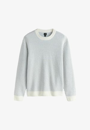 Light blue knitted sweater with a textured pattern, round neckline, and cream-colored ribbed cuffs and hem. Simple and versatile design.