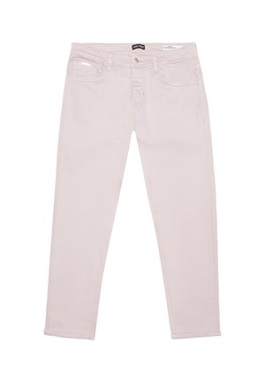 Jeans de mezclilla rosa claro con corte recto, diseño de cinco bolsillos y cierre de botón metálico en la cintura. Textura suave con un detalle mínimo.