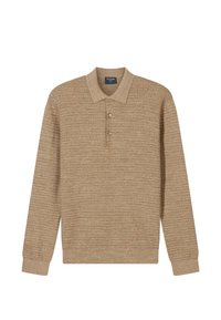 Beiges Polohemd mit langen Ärmeln und geripptem Muster, Drei-Knopf-Leiste und weichem Kragen. Der Stoff wirkt leicht und lässig.