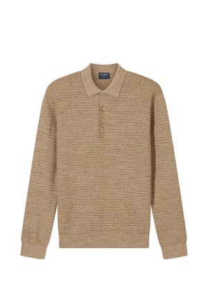 Beiges Polohemd mit langen Ärmeln und geripptem Muster, Drei-Knopf-Leiste und weichem Kragen. Der Stoff wirkt leicht und lässig.