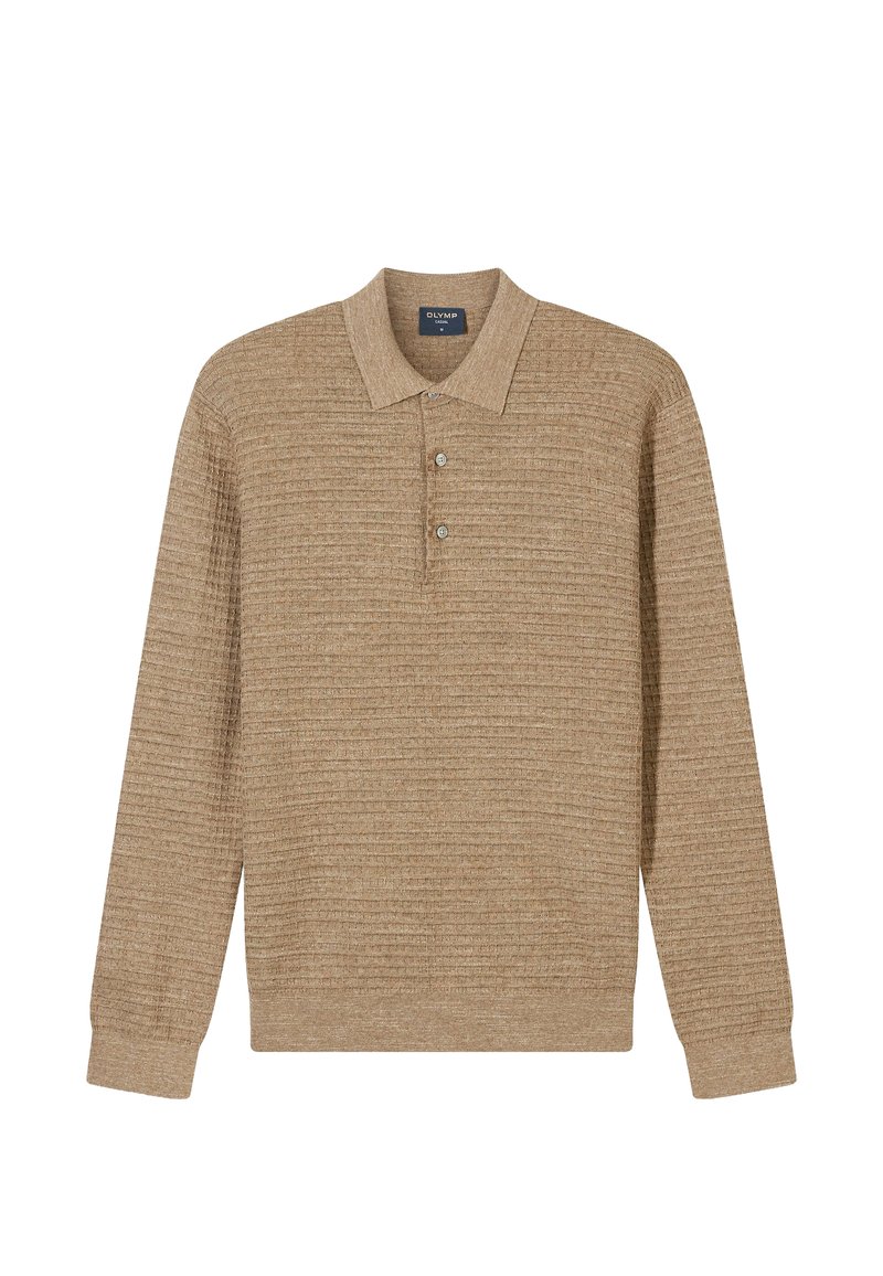 Beiges Polohemd mit langen Ärmeln und geripptem Muster, Drei-Knopf-Leiste und weichem Kragen. Der Stoff wirkt leicht und lässig.