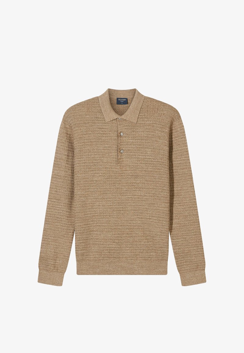 Beiges Polohemd mit langen Ärmeln und geripptem Muster, Drei-Knopf-Leiste und weichem Kragen. Der Stoff wirkt leicht und lässig.