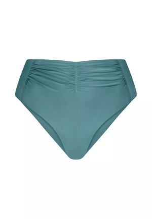 Tealowy kostium kąpielowy w wysokim stanie z marszczonymi detalami z przodu, wykonany z gładkiego, elastycznego materiału. Średnio wysokie rozcięcia na nogawki.