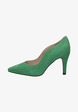 Escarpin en daim vert avec un bout pointu et un design à décolleté. Il possède un talon de 3 pouces et une surface texturée. Semelle noire contrastant avec le vert.