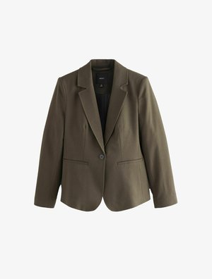 Olive green blazer with a notched lapel, single button closure, and two front pockets. Tailored fit with a smooth texture.