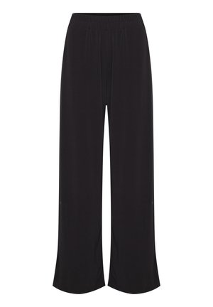 Schwarze weit geschnittene Hosen mit einem elastischen Bund, aus glattem, leichtem Material und mit Schlitz am Saum für mehr Bewegungsfreiheit.