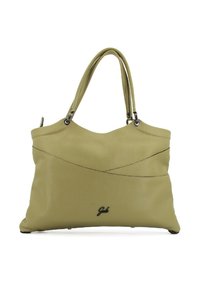 Borsa a tracolla in pelle verde con superficie testurizzata, dotata di due manici, parte superiore curvata e cuciture diagonali. Logo visibile nella parte inferiore.