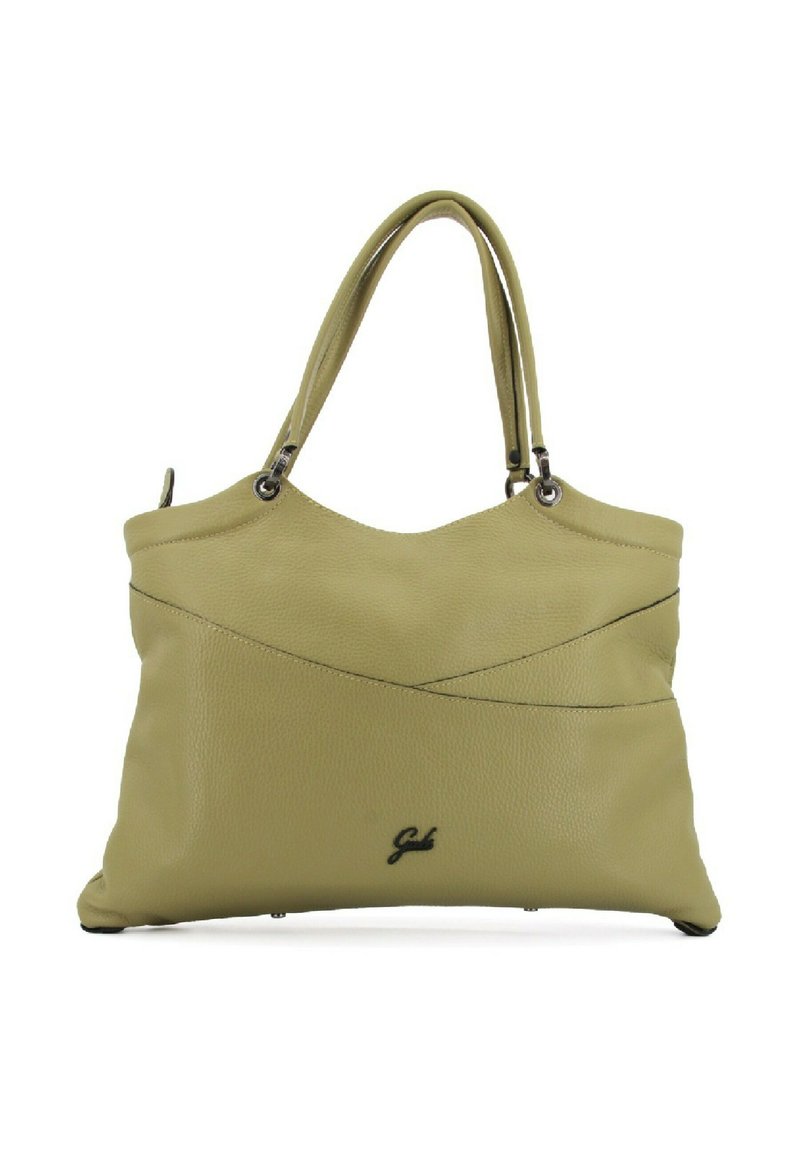 Borsa a tracolla in pelle verde con superficie testurizzata, dotata di due manici, parte superiore curvata e cuciture diagonali. Logo visibile nella parte inferiore.