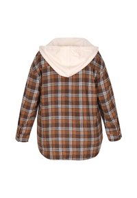 Brązowa i pomarańczowa kurtka w kratkę z kremowym kapturem, długimi rękawami i luźnym krojem. Wykonana z miękkiego, teksturowanego materiału.