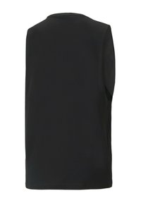 Svart ärmlös topp, gjord av slät tyg, med rundad nacke och en enkel, lös design. Inga synliga mönster eller detaljer.