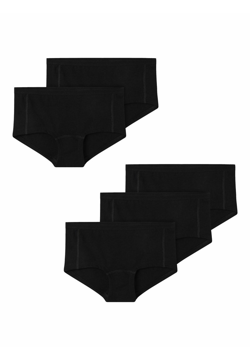 Crne pamučne hipster gaćice, s glatkom teksturom, pravokutnim oblikom i minimalnim detaljima šivanja, prikazane u pakiranju od pet komada.