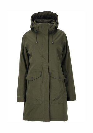Olivgrüner, wasserdichter Parka mit hohem Kragen, verstellbarem Kapuzenzug und zwei Fronttaschen. Verfügt über eine glatte Textur und eine Knopfleiste vorne.
