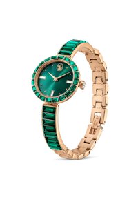 Złoty zegarek ze stali nierdzewnej z okrągłą zieloną tarczą, szmaragdowymi akcentami i bezelą wysadzaną kryształkami. Posiada projekt bransoletki w formie połączonych ogniw.