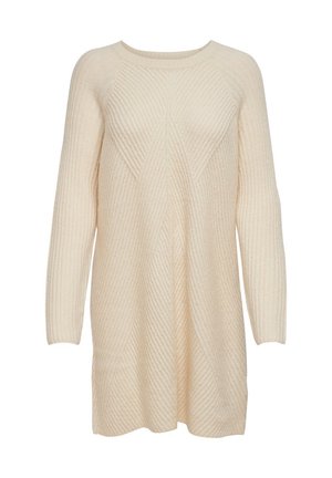 Cremefarbener Pullover mit langen Ärmeln, rippierter Textur und diamantförmigem Muster. Hat einen weiten, runden Ausschnitt und einen lockeren Schnitt.
