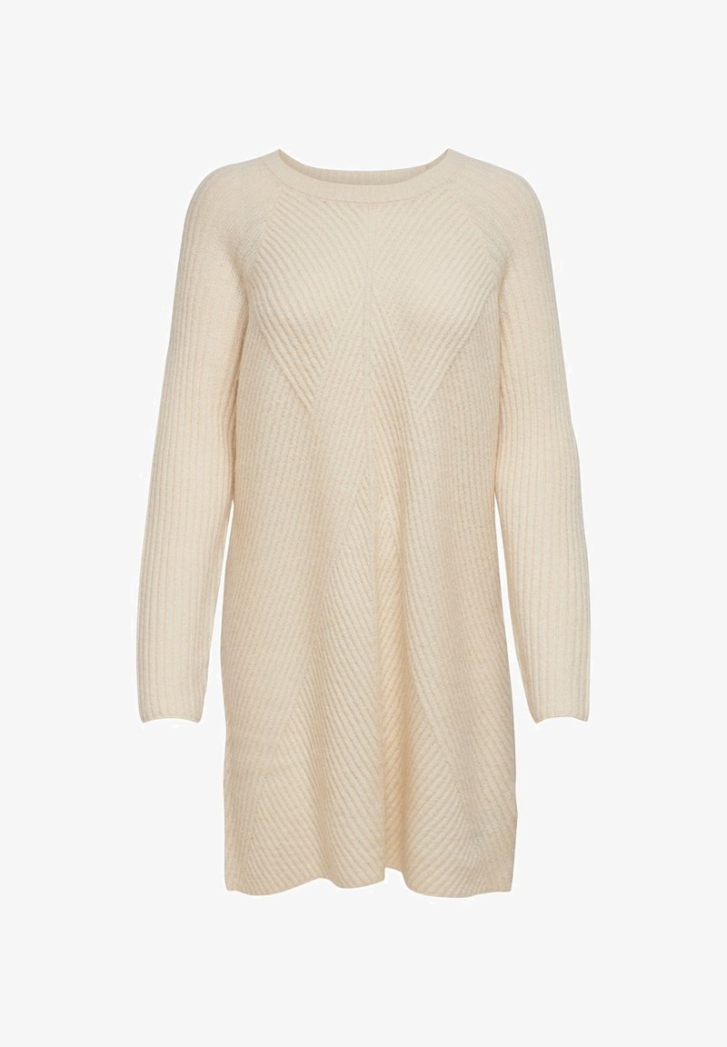 Kremfarget genser med lange ermer, ribbestruktur og diamantmønster. Har vid rund hals og en avslappet passform.