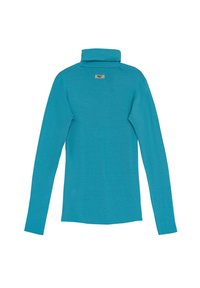 Długi rękaw turtleneck w jasnym turkusie, wykonany z miękkiego materiału. Posiada wysoki kołnierz oraz małą metkę z logo w okolicach dekoltu.
