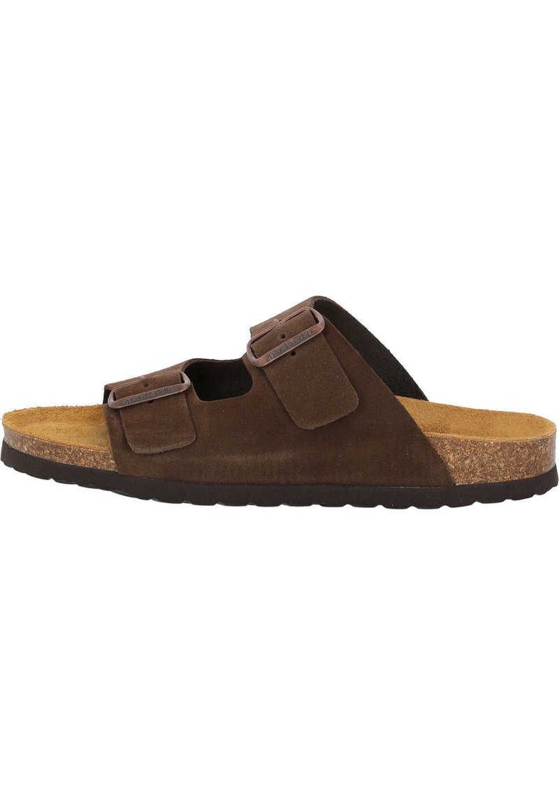 Bruna mockaskinnsandal med två justerbara remmar, korksula och strukturerad gummisula. Öppen tådesign för ventilation.