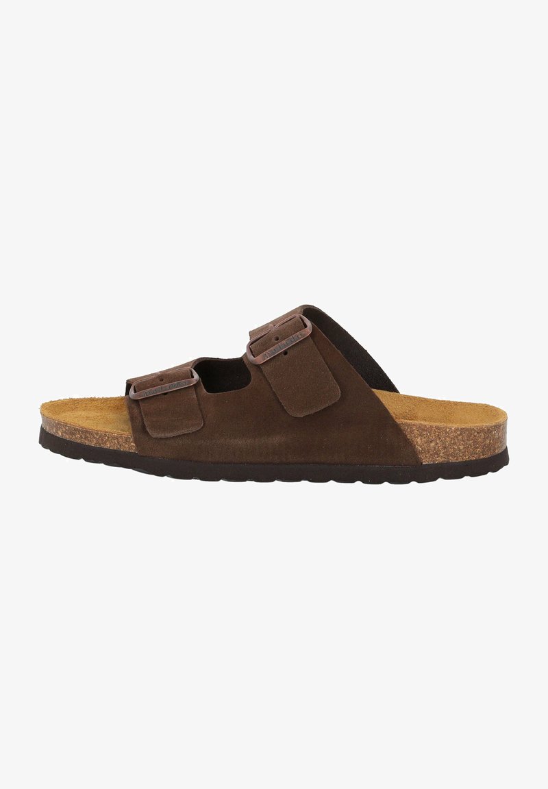 Infradito in suede marrone con due cinturini regolabili, soletta in sughero e suola in gomma texturizzata. Design aperto sulla punta per una migliore ventilazione.