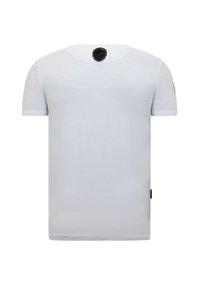 Effen wit T-shirt met korte mouwen, voorzien van een klein zwart rond logo op de bovenrug en een zwart label in de zijnnaad.