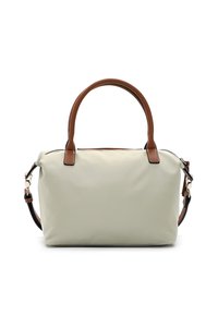 Borsa in tela di colore verde chiaro con accenti in pelle marrone. Presenta manici doppi e una tracolla rimovibile. Texture liscia. Chiusura con zip.