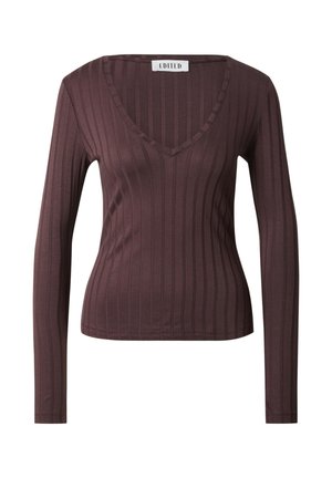 Langarmoberteil in dunklem Burgunderrot, mit V-Ausschnitt und vertikalem Rippenmuster für zusätzliche Details. Hergestellt aus einem weichen, dehnbaren Stoff.