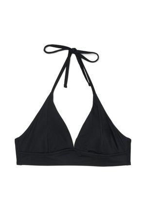 Zwart halter topje met driehoekige cups en bindsluiting bij de nek, weergegeven op een witte achtergrond.