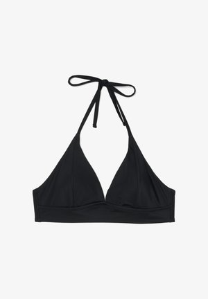 Top bikini nero con collo halter, coppe triangolari e chiusura con laccio al collo, mostrato su sfondo bianco.