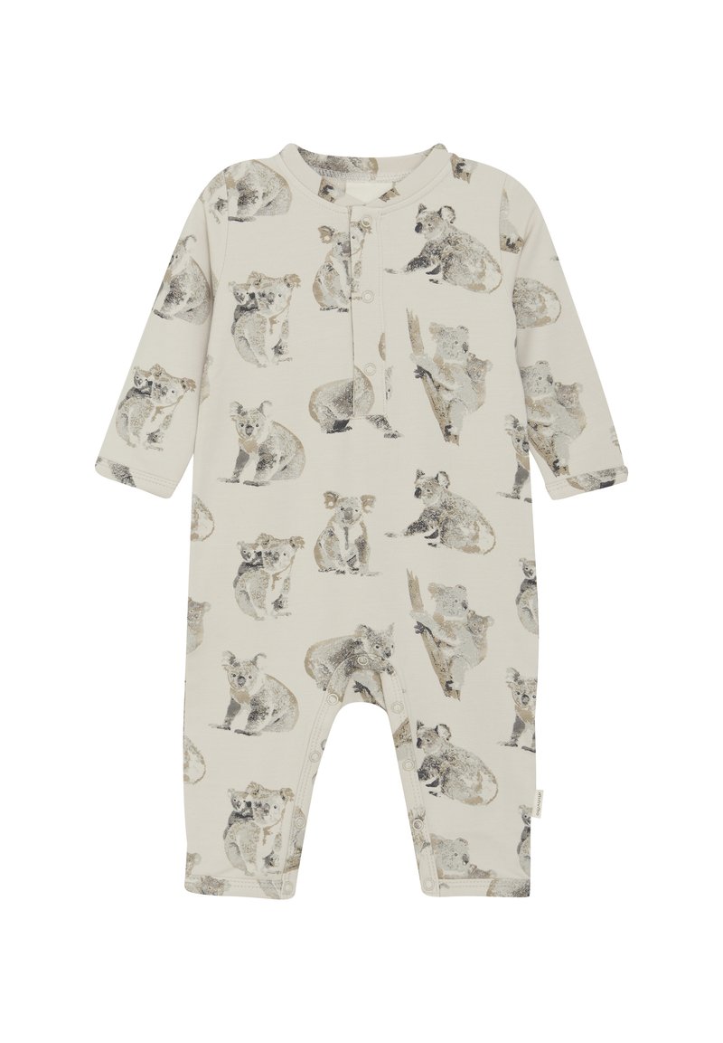 Hellbeige Baumwoll-Overall mit wiederholtem Koala-Print in gedämpften Grautönen und Brauntönen, langen Ärmeln und Knopfverschlüssen auf der Vorderseite.