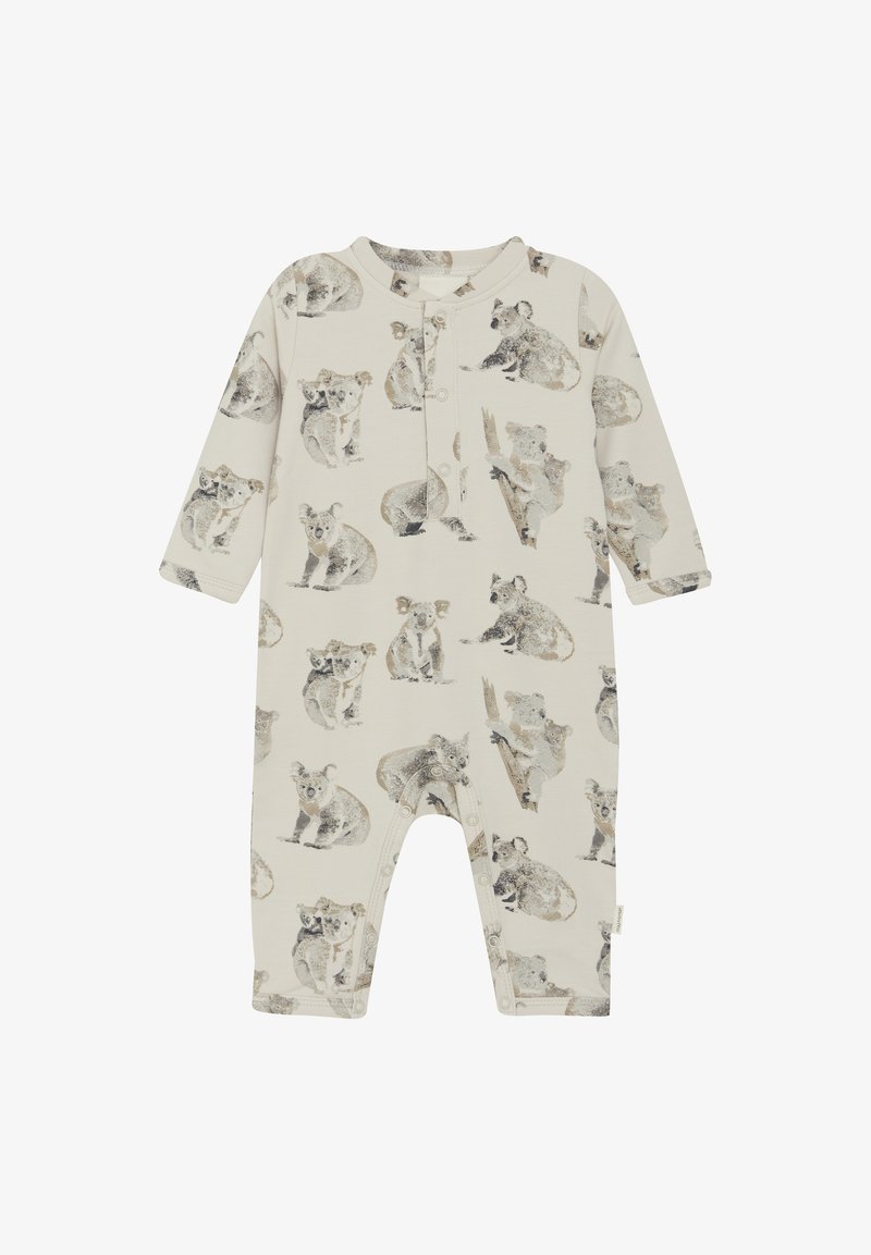 Light beige cotton onesie featuring a repeated koala print in muted gray and brown hues, with long sleeves and button closures at the front.