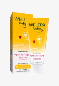 Die Weleda Baby-Gesichtscreme in einer gelben Tube zeigt florale Designs und enthält natürliche Inhaltsstoffe. Die Verpackung zeigt einen Marienkäfer und klaren Text.