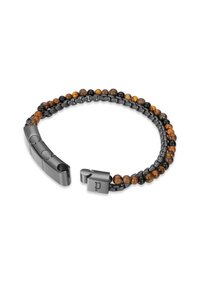 Bracciale realizzato con perline nere e marroni, caratterizzato da una catena e un gancio in metallo scuro con un piccolo logo. Modello di perline con texture alternata.