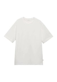 Bílý krátký rukáv tričko vyrobené z měkké tkaniny s kulatým výstřihem a bez vzorů nebo potisků. Obsahuje jemnou značkovou štítku na lemu.