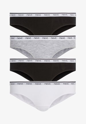 Four pairs of women's underwear in black, grey, and white. Each has a comfortable waistband with "next" printed in black on white.