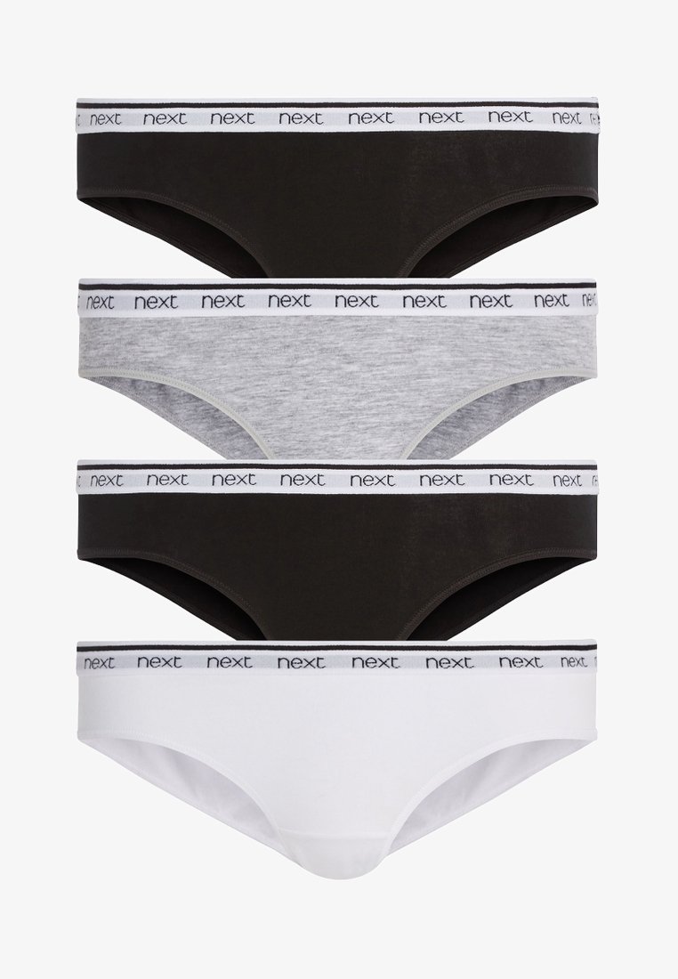 Vier paren damesondergoed in zwart, grijs en wit. Elk heeft een comfortabele tailleband met "next" gedrukt in zwart op wit.