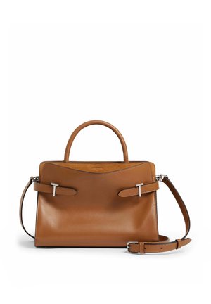 Borsa a mano in pelle marrone con design strutturato, manico superiore, tracolla rimovibile, hardware in tonalità argentata e superficie liscia.