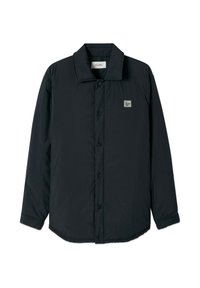 Black, lightweight jacket with a button-front design, large collar, and small logo patch on the left chest. Smooth texture and long sleeves.