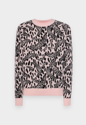 Pink sweater with black animal print pattern, featuring ribbed cuffs and neckline. Soft texture and relaxed fit, suitable for casual wear.