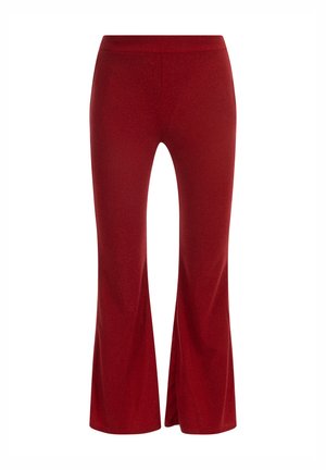 Crvene široke hlače napravljene od teksturiranog, sjajnog materijala. Dizajn uključuje prilagođen struk i široke nogavice, stvarajući elegantnu siluetu.