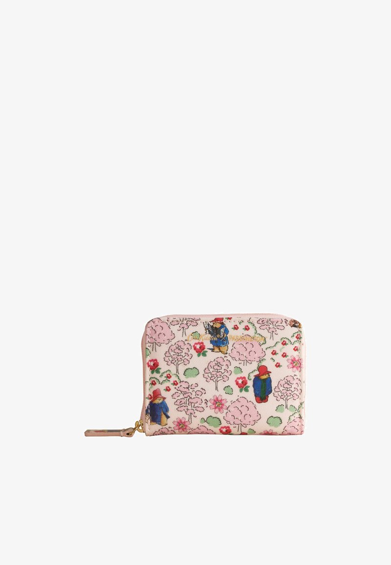 Small zippered wallet with pink background, featuring trees, flowers, and characters wearing red hats and blue coats.