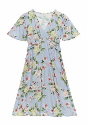 Bloemenjurk van lichtblauwe stof, met een V-halslijn, korte mouwen en geplooide details bij de taille, versierd met roze en gele bloemen.