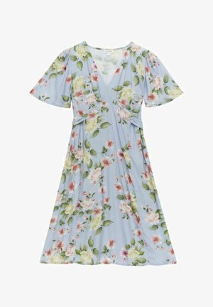 Kukallinen mekko vaaleansinisestä kankaasta, jossa on V-pääntie, lyhyet hihat ja rypytystä vyötäröllä, koristeltuna vaaleanpunaisilla ja keltaisilla kukilla.