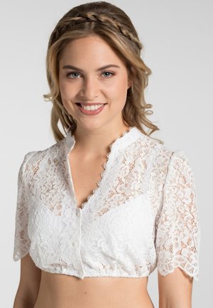 Witte kanten blouse met korte pofmouwen, knoopsluiting en gekartelde kraagdetailing. Lichte, semi-transparante stof met bloemmotieven.