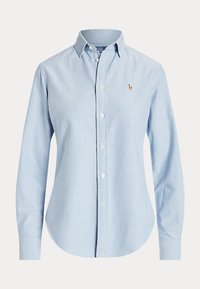 Light blue long-sleeve button-up shirt with collar and small embroidered logo on the left chest.